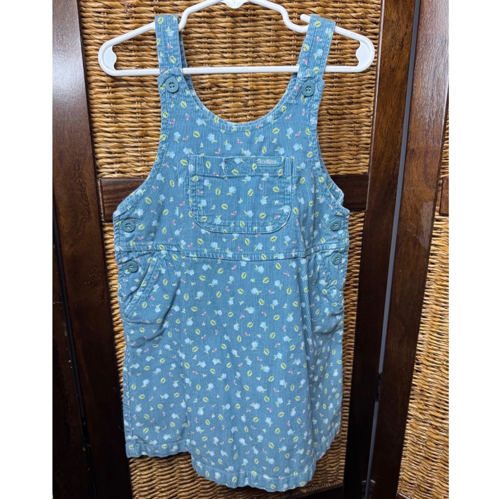 OshKosh B'gosh Girls Blue Floral Corduroy Jumper Dress Size 4T Overall Style